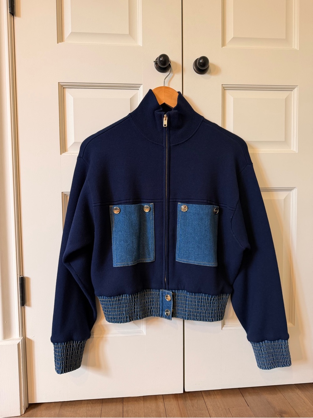 Sandro Paris Denim Pocket Bomber Jacket | Navy | S - Picture 2 of 7